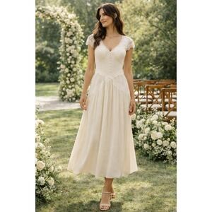 OPT Romantic Lace Trim Pleated Midi Dress Ivory Cap Sleeve Size 4 NWT